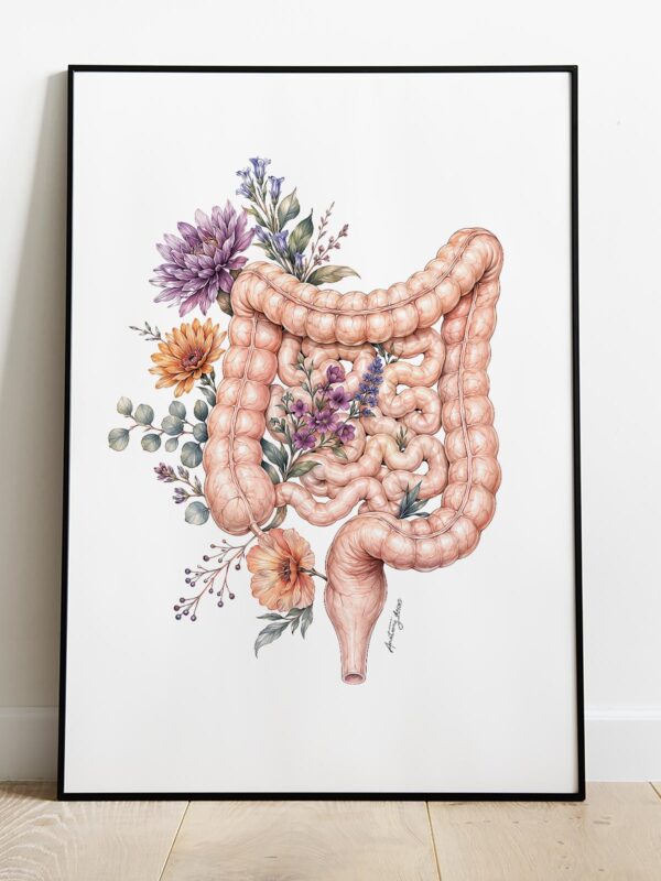 Wizualizacja plakatu anatomicznego jelit z kwiatami na białym tle