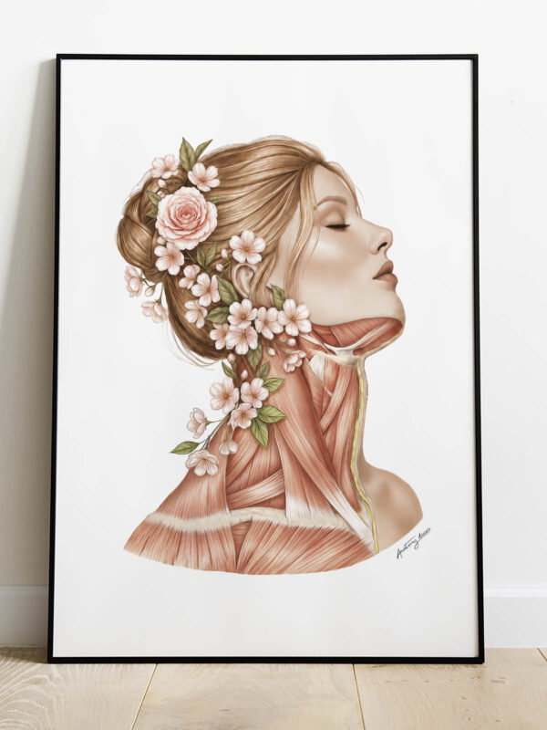 Plakat anatomiczny mięśni szyi z kwiatami na białym tle