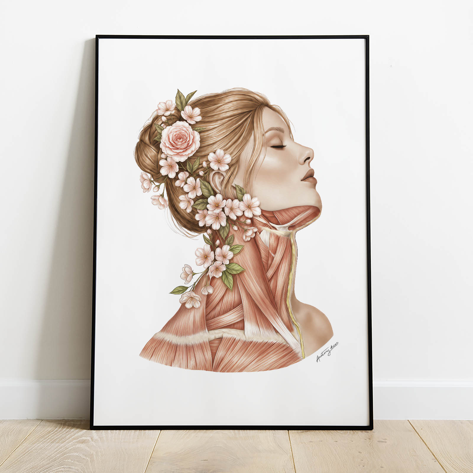 Plakat anatomiczny mięśni szyi z kwiatami na białym tle