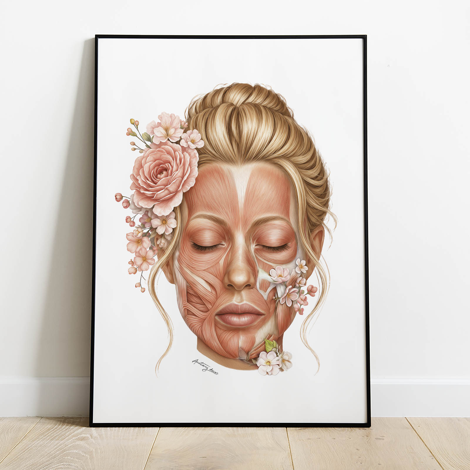 Plakat anatomiczny mięśni twarzy z kwiatami na białym tle
